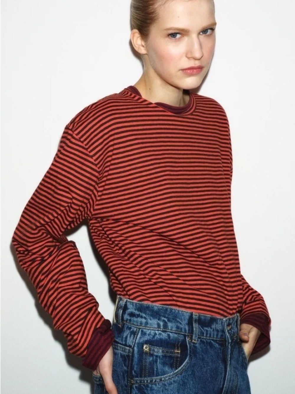 Zara Red and Brown Striped Long-Sleeve Crewneck